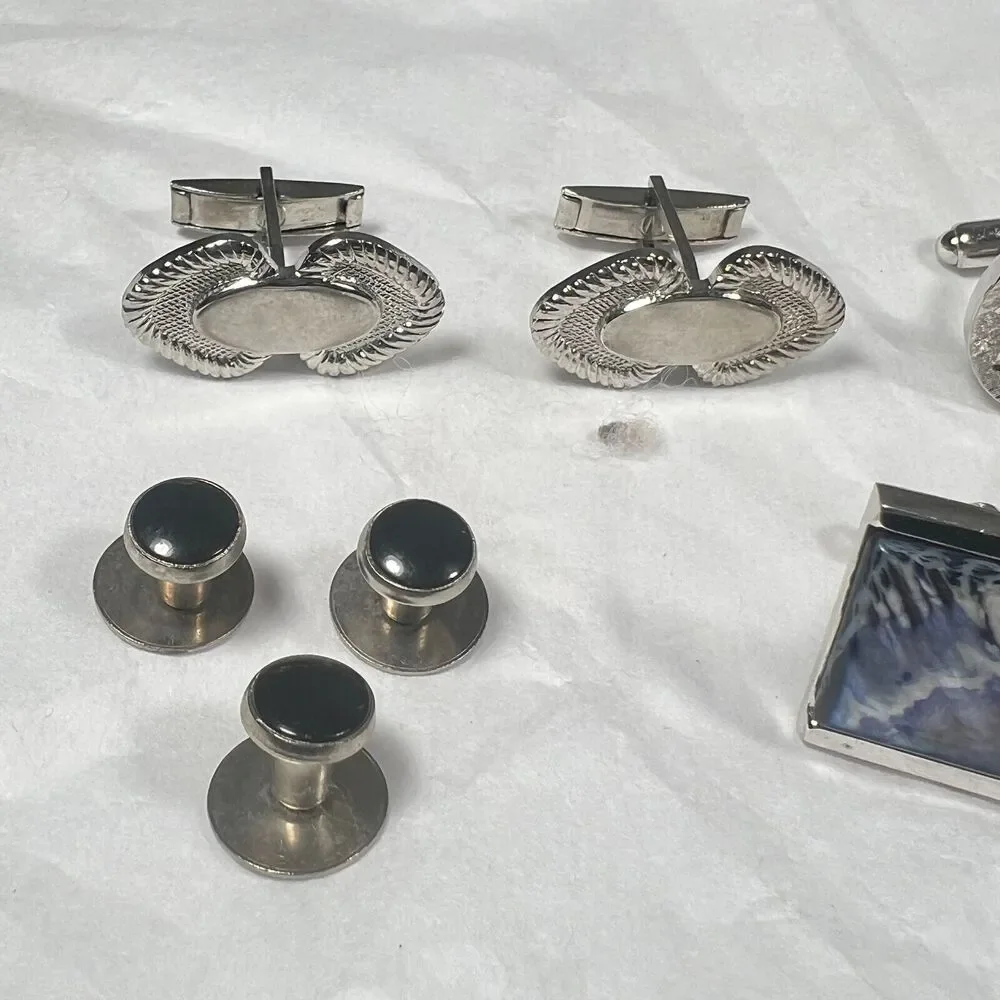 Vtg 70s Retro Silver Tone cufflinks and shirt studs prom gender neutral
